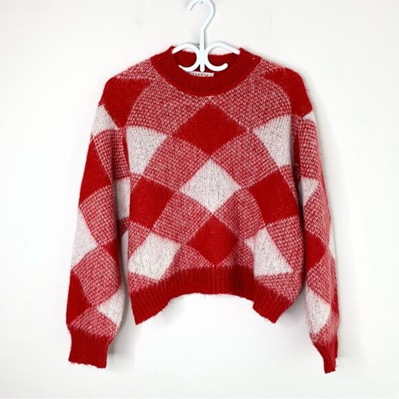 Sandro Sparks Diamond Sweater Red Plaid Mohair Size Small crew neck fluffy - Picture 2 of 11